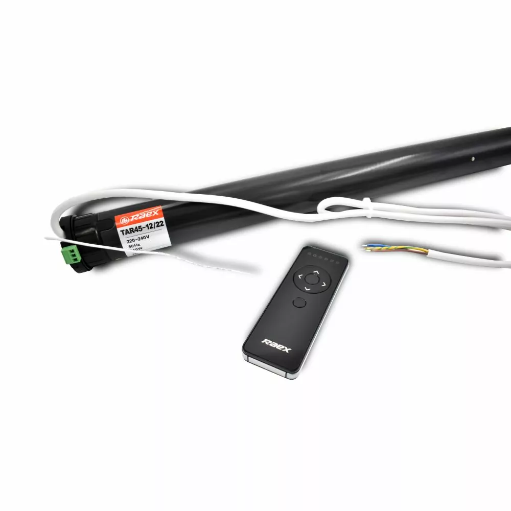 Motor para Cortinas Roller marca Raex, modelo TAR45 12/22 de 3 cables con control remoto de 6 canales