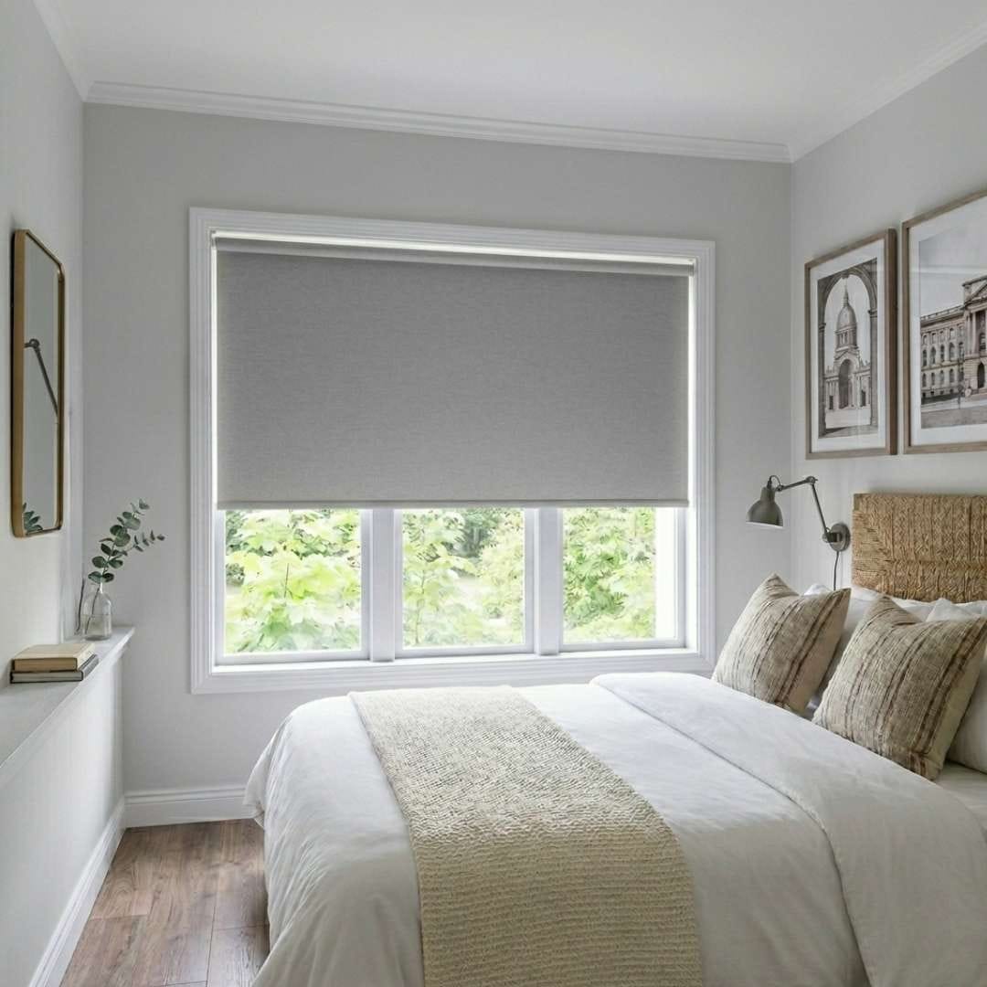 cortinas roller blackout gris para dormitorio