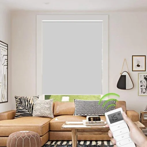 Cortinas roller blackout motorizadas color gris + control remoto marca rollux, calidad premium