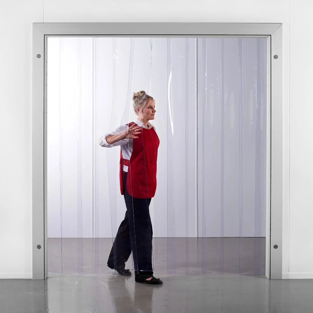 Cortinas en tiras de PVC transparente kit completo con sistema de sujeción, fabricación a la medida, 50% de superposición, para tráfico liviano o mediano