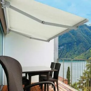 Toldo Proyectante retráctil marca flexalum tela sahara - Sistema florencia a la medida con estructura de aluminio
