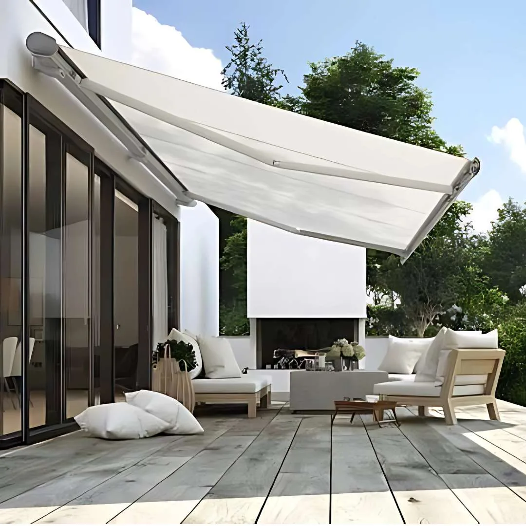 Toldo Proyectante retráctil marca Flexalum tela Sahara con protección UV - Sistema Roma, Manual o Motorizado, estructura de aluminio - Imagen 8