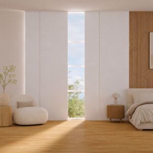Panel japonés oriental de tela blackout color blanco instalado en dormitorio moderno con luz natura