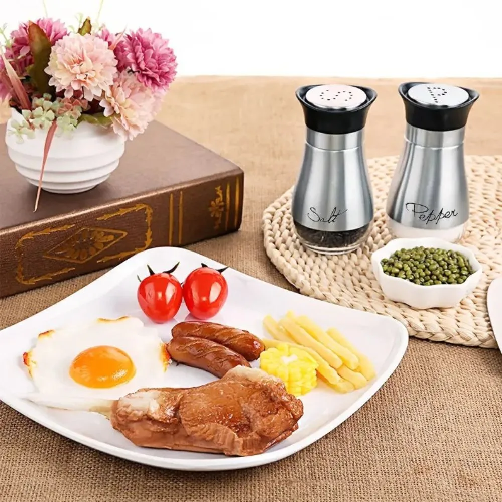 Salero y Pimentero de Acero Inoxidable 2 piezas - Dispensadores de Condimentos para Cocina (Plateado con negro) - Imagen 4