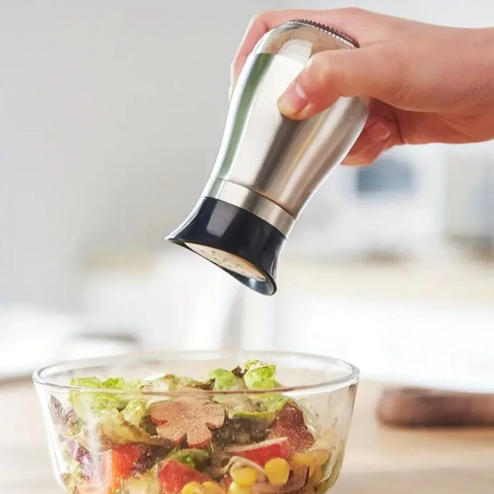 Salero y Pimentero de Acero Inoxidable 2 piezas - Dispensadores de Condimentos para Cocina (Plateado con negro) - Imagen 3