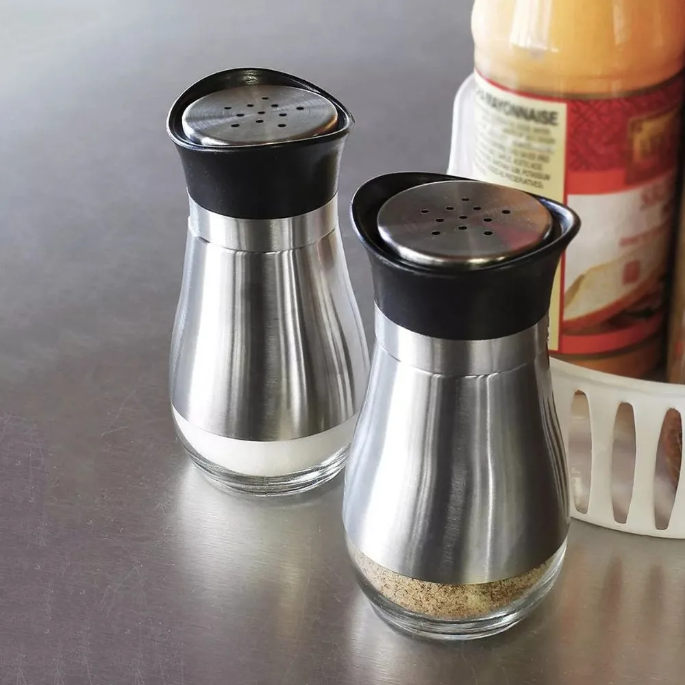 Salero y Pimentero de Acero Inoxidable 2 piezas - Dispensadores de Condimentos para Cocina (Plateado con negro) - Imagen 5