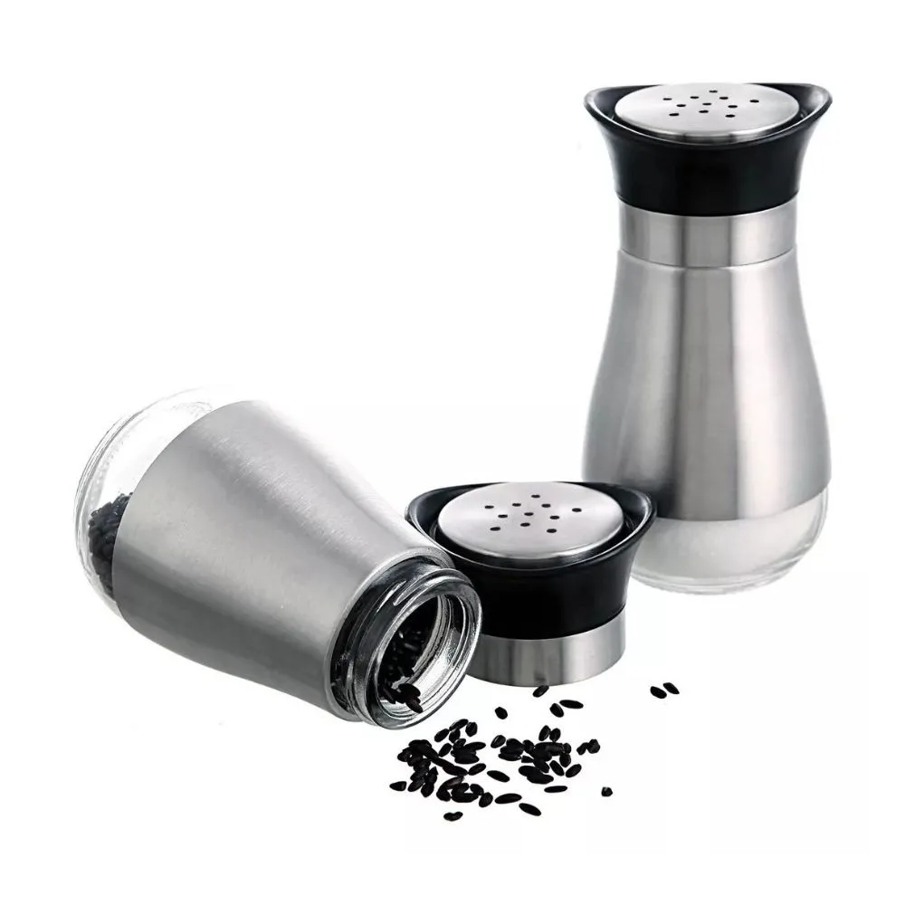 Salero y Pimentero de Acero Inoxidable 2 piezas - Dispensadores de Condimentos para Cocina (Plateado con negro) - Imagen 2
