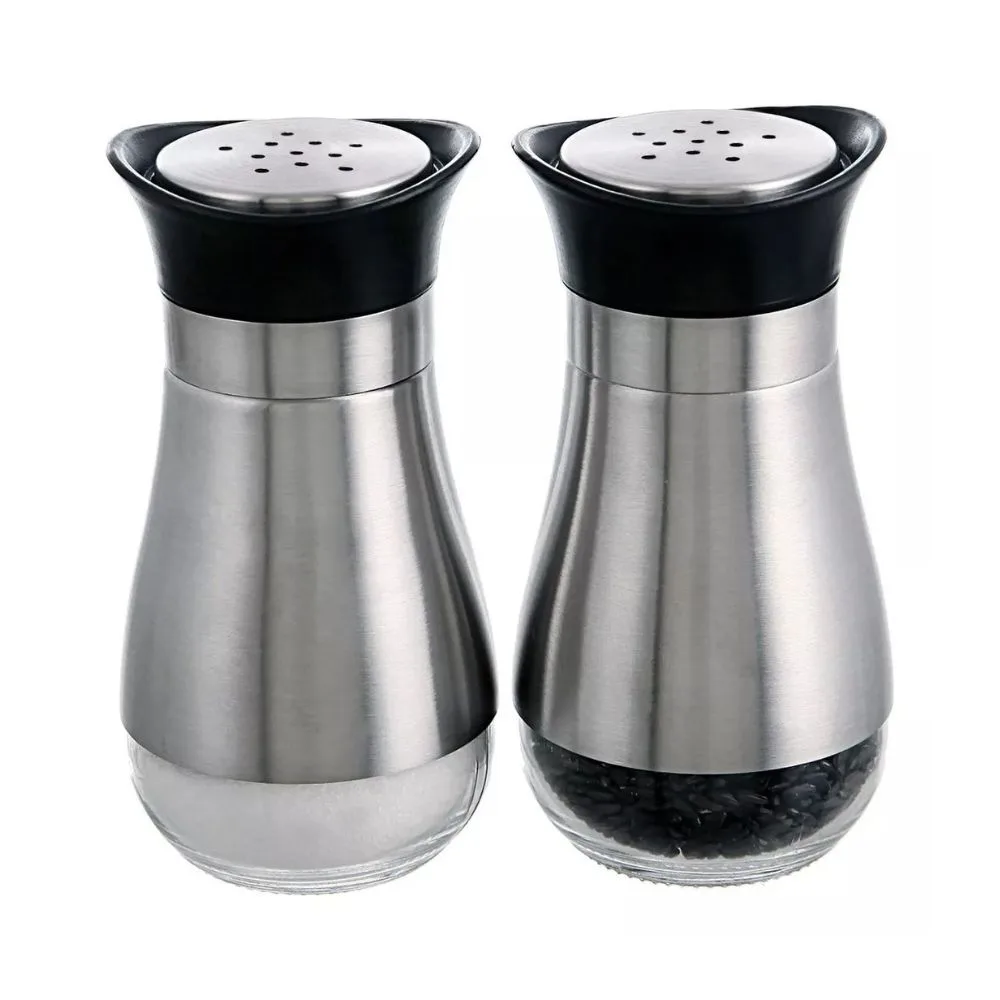 Salero y Pimentero de Acero Inoxidable 2 piezas - Dispensadores de Condimentos para Cocina (Plateado con negro)