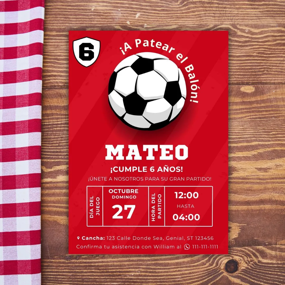 Invitaciones de Cumpleaños de Fútbol Personalizables, Edita Fácilmente en Canva y Descarga al Instante, 5x7 en fondo granate - Imagen 2