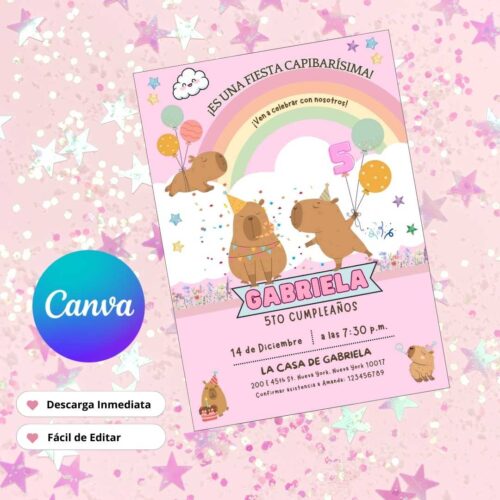 Plantilla editable de Canva para invitación de cumpleaños de capibara | Descarga digital imprimible temática de animales para fiestas infantiles