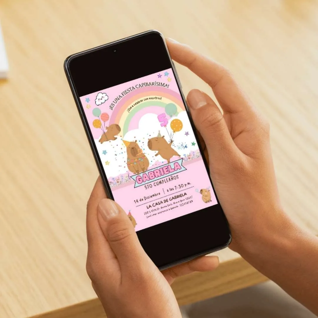 Plantilla editable de Canva para invitación de cumpleaños de capibara | Descarga digital imprimible temática de animales para fiestas infantiles - Imagen 3