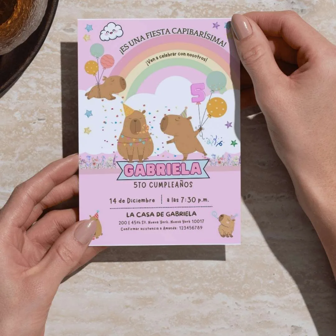 Plantilla editable de Canva para invitación de cumpleaños de capibara | Descarga digital imprimible temática de animales para fiestas infantiles - Imagen 2
