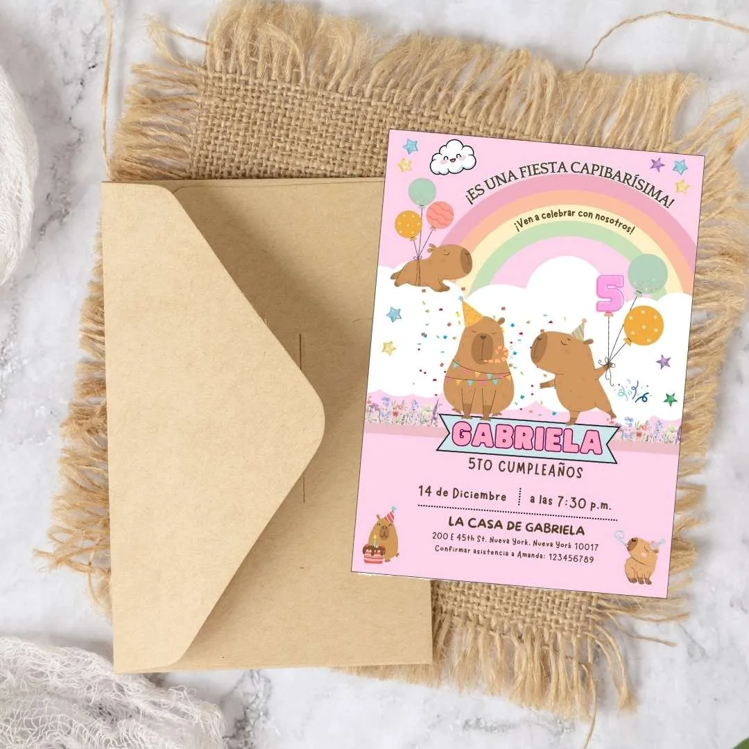 Plantilla editable de Canva para invitación de cumpleaños de capibara | Descarga digital imprimible temática de animales para fiestas infantiles - Imagen 4