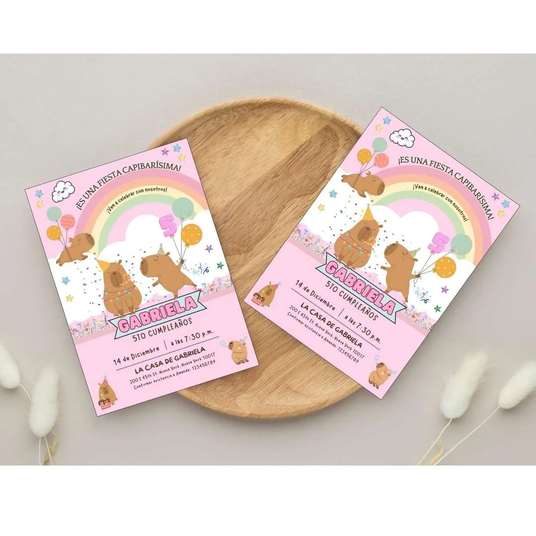 Plantilla editable de Canva para invitación de cumpleaños de capibara | Descarga digital imprimible temática de animales para fiestas infantiles - Imagen 5