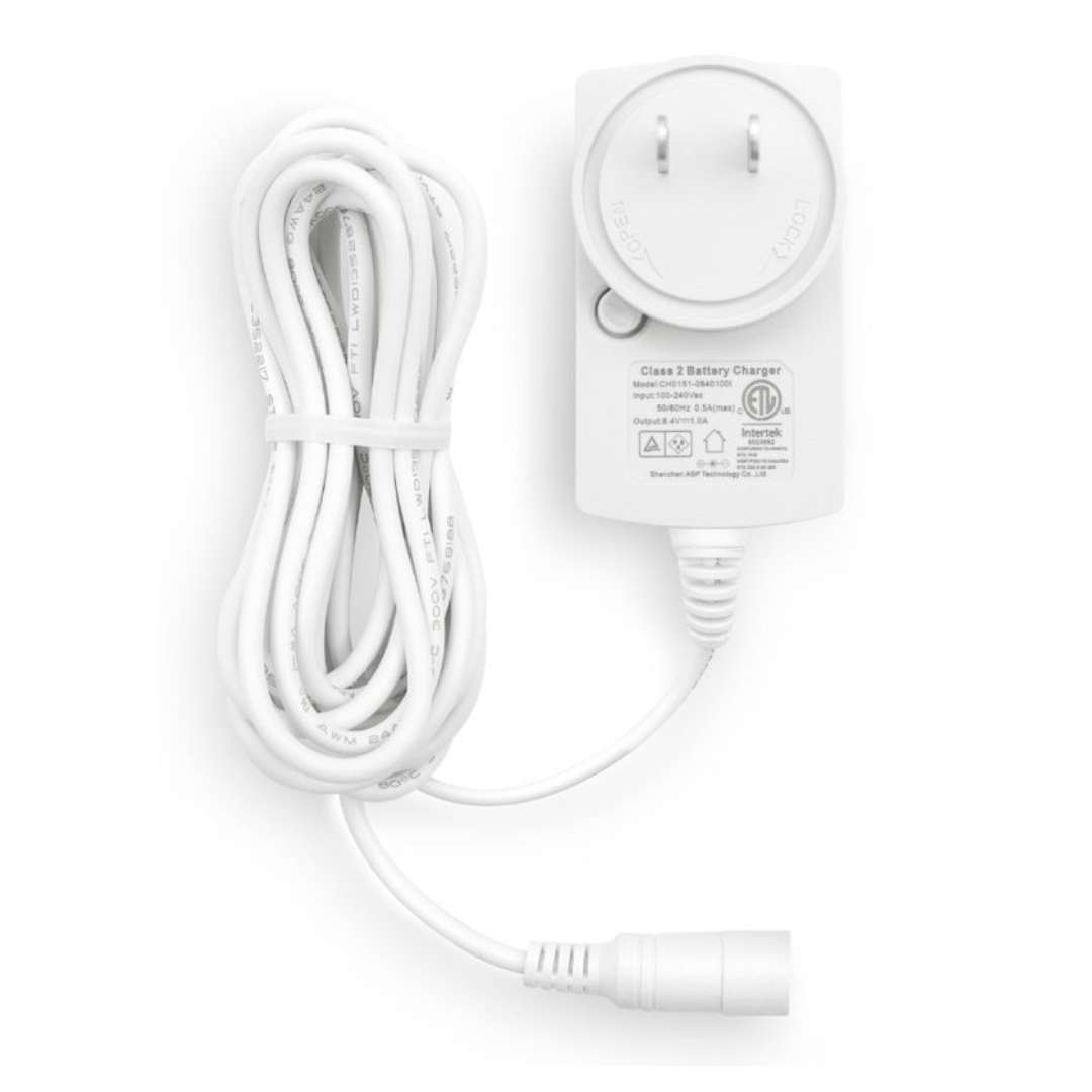 Cargador marca Vertilux para motores de batería de litio de cortinas roller color blanco, Carga tus Cortinas Roller Motorizadas facilmente – 8.4V DC/1A